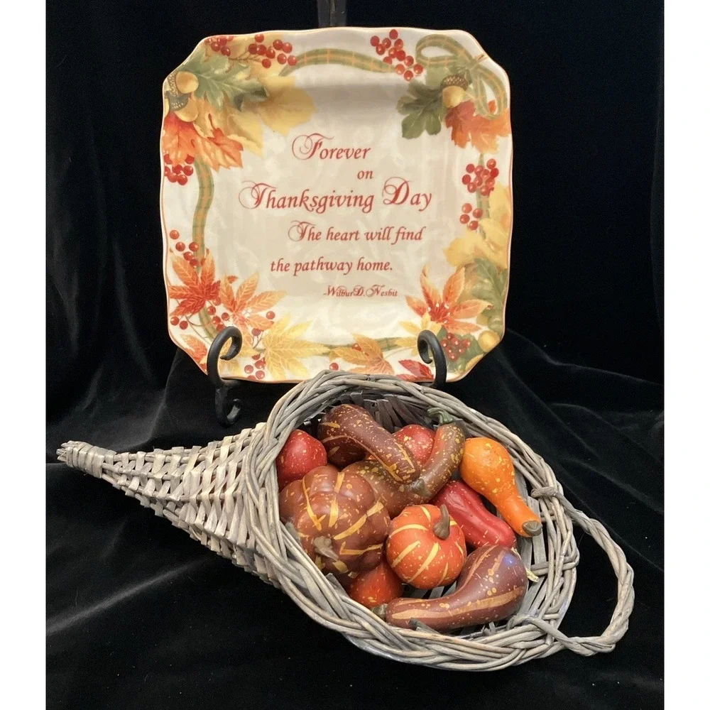 222 Fifth Autumn Family Celebration 10in Serving Dish & Thanksgiving Cornucopia